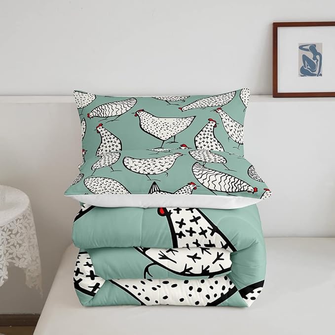 Erosebridal Chicken Bedding Set, Cartoon Chick Comforter Set Queen Size, Cute Farmhouse Animal Down Comforter for Children Young, Teal Black Quilt Set All Season Bedroom Decor