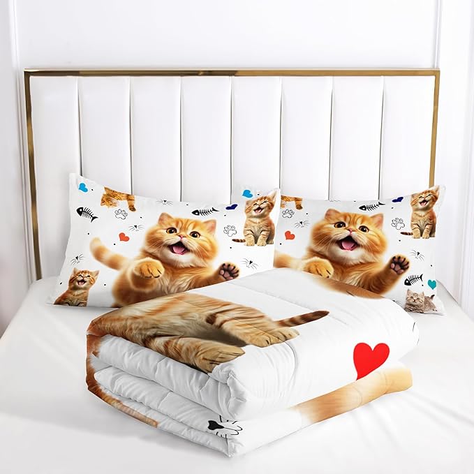 AILONEN Kids Kitten Cat Comforter Set Full Size,Kawaii Cat Bedding for Girls,Cute Pet Animal Cat Duvet Set 3 Piece,1 Comforter with 2 Pillowcases,Cartoon
