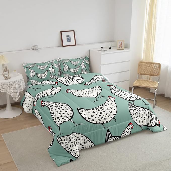 Erosebridal Chicken Bedding Set, Cartoon Chick Comforter Set Queen Size, Cute Farmhouse Animal Down Comforter for Children Young, Teal Black Quilt Set All Season Bedroom Decor