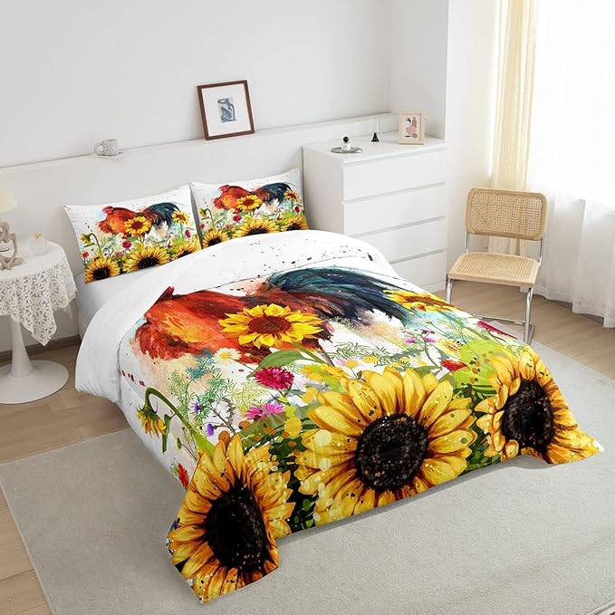 Erosebridal Sunflower Comforter Set King Size, Chicken Bedding Set, Yellow Floral Down Comforter, Watercolor Botanical Chick Animal Red Rooster Duvet Set, Tie Dye Quilted Duvet Bedroom Decor