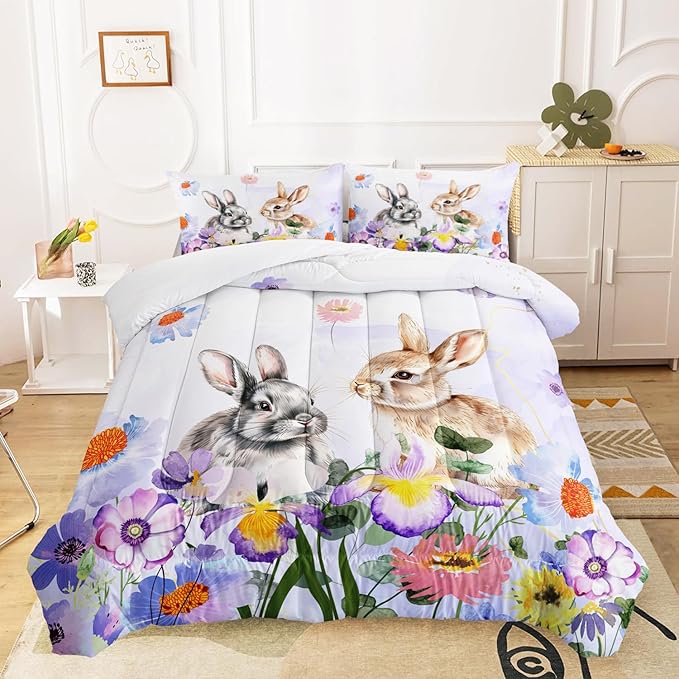 AILONEN Watercolor Rabbit Comforter Set Full Size, Wild Flowers Rabbit Themed Microfiber Soft Bedding Set,3-Piece Tie Dye Rabbit Printed Home Decorative Comforter with 2 Pillowcases