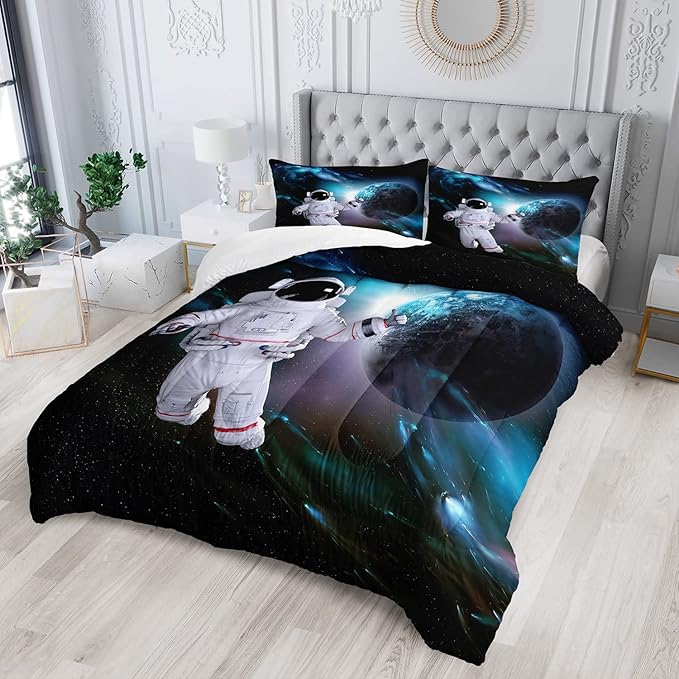 AILONEN Astronaut Comforter Set for Teens Boys Kids Girls, Space Astronaut Bedding Set Queen Size,Outer Space Themed Quilted Duvet Bed Set,Planet Quilt,1 Comforter 2 Pillowcases 3 Piece
