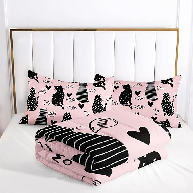 AILONEN Black Cat Comforter Set Queen Size,Pink and Black Soft Microfiber Kitted Bedding Set,3-Piece Cat Lover Bedroom Comforter with 2 Pillowcases