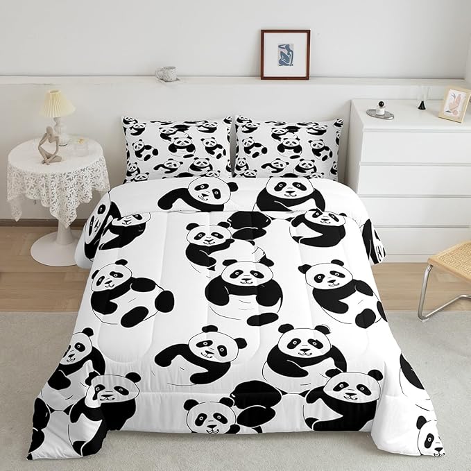 Erosebridal Cartoon Panda Comforter Set, Cute Panda Down Comforter Full, Wildlife Animal Quilted Duvet Insert for Nursery Toddler Kids Boys Girls
