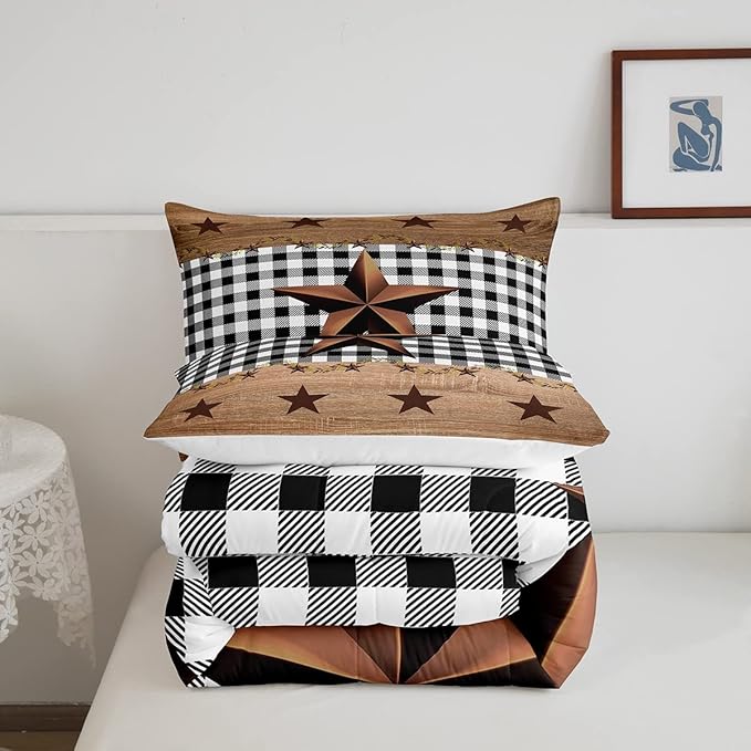 Western Texas Star Comforter Set Twin, Farmhouse Black Plaid Bedding, Brown Vintage Country Star Bedding Comforter Sets, Retro Rustic Checked Grid Bedroom Decor Wooden Grain Quilt For Kids Boys Girls