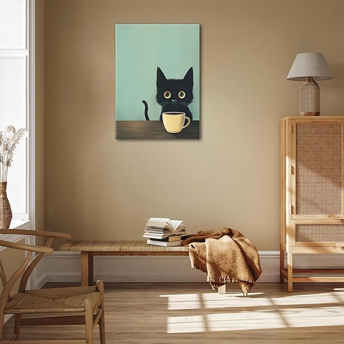 Yaneiro Framed Fun Black Cat Wall Art Abstract Drinking Coffee Picture Cute Retro Black Cat Wall Decor Canvas Poster Print Suitable for Cafe Bar Living Room Restaurant Bedroom 12x16in