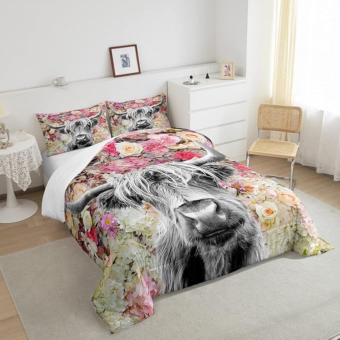 Erosebridal Highland Cow Comforter Set Queen Size Rose Flower Bedding Set for Kids Girls Boys Teens Adult Western Wild Animal Bull Cattle Down Comforter Funny Farmhouse Comforter Pink Grey