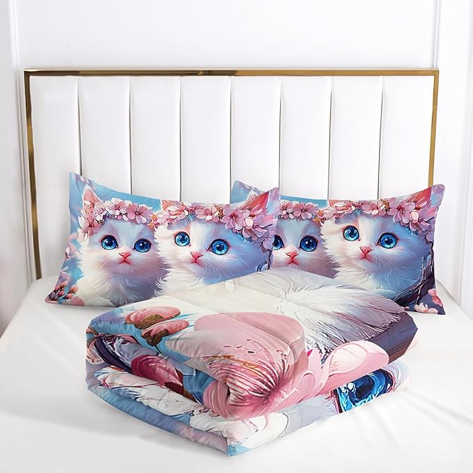 AILONEN Kids Cute Cat Bedding Full Size,Beautiful Fairy Cat Girls Comforter Set,Pink Flower Cat Comforter Set,Kawaii Cat Duvet,1 Comforter with 2 Pillowcases,3 Pieces