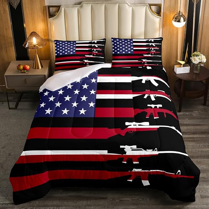 American Flag Comforter Set Queen,Army Guns Military Bedding Set for Kids Boys Teens Man,Red Blue Stars Stripe USA Flag Bedding Comforter Soldier Rifle Quilt Duvet Set 2 Pillow Cases Bedroom Decor