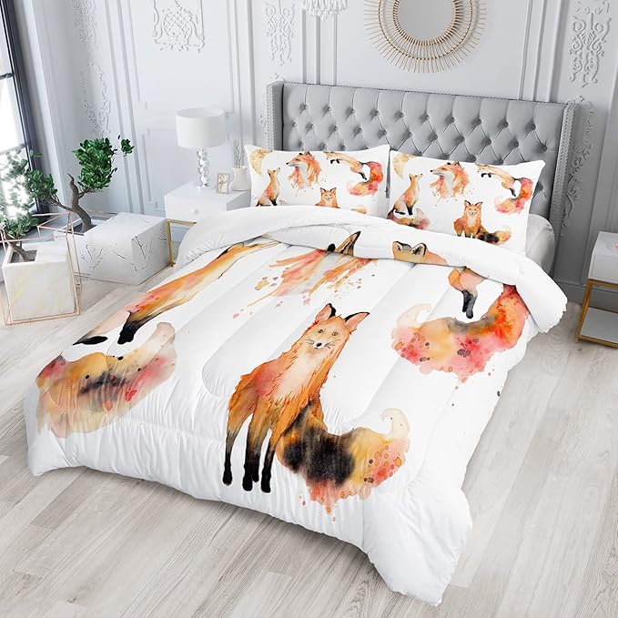 AILONEN Fox Comforter Set Queen Size, Cute Fox Quilt for Teen Girls Kids, Animal Pattern Printed Superior Kids Bedding Set, Microfiber Fabric, 3 Piece Set: 1 Comforter and 2 Pillowcases