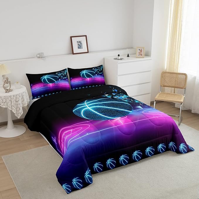 Basketball Comforter Set King Size Neon Sport Bedding Set For Kids Boys Girls Teens Blue Purple Gradient Glowing Basketball Down Comforter Room Decor Lightweight 2 pillow cases Duvet Insert