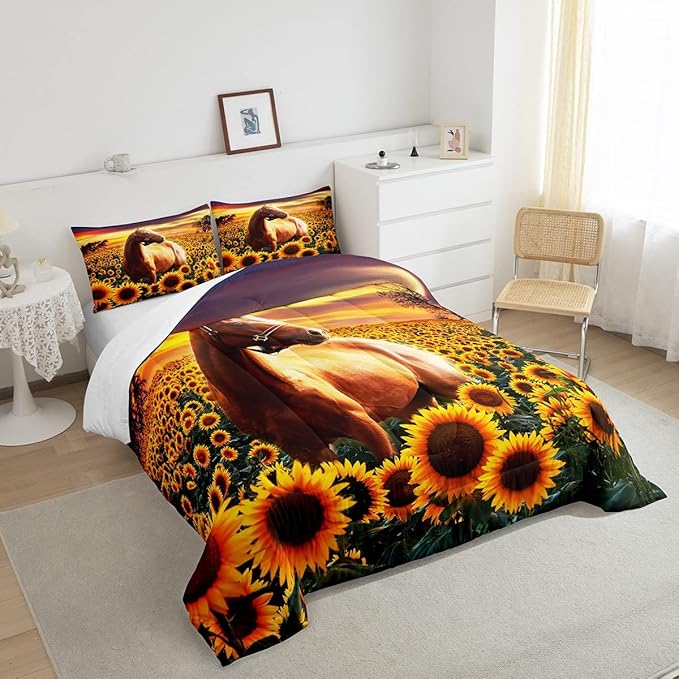 3D Horse Comforter Set for Kids Boys Wild Animal Down Comforter Girls Teen Adult Women Sunflower Quilted Duvet Brown Horse Bedding Comforters Cowboys Farmhouse Comforter with 1 Pillowcase, Twin Size