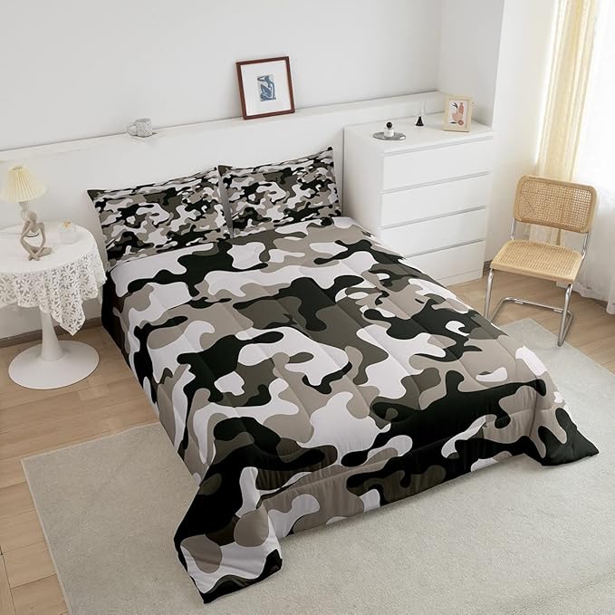 Camouflage Comforter Set Grey Camo Bedding Sets Queen Size Militarily Army Down Comforter for Boys Teens Men Adult Tie Dye Retro Geometric Warm Soft Quilted Duvet 3Pcs Bedroom Decor, All Season