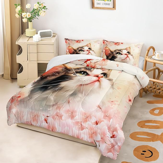 AILONEN Kawaii Cat Comforter Set Queen Size,Kids Girls Kitten Cat Bedding Printed Pink Flower Watercolor Lovely Animal Cat Comforter with 2 Pillowcases,3 Pieces