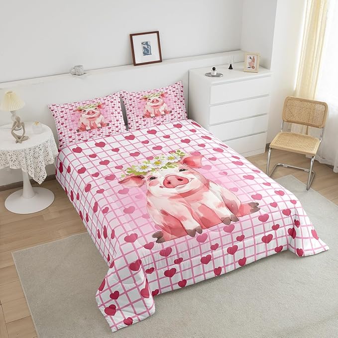 Cute Pig Bedding Set King, Cherry Blossoms Comforter Set For Girls Kids, Cartoon Pet Animal Duvet Set, Pink Grid Heart Pattern Lattice Quilted Duvet, Farmhouse Bedding Comforters, All Season