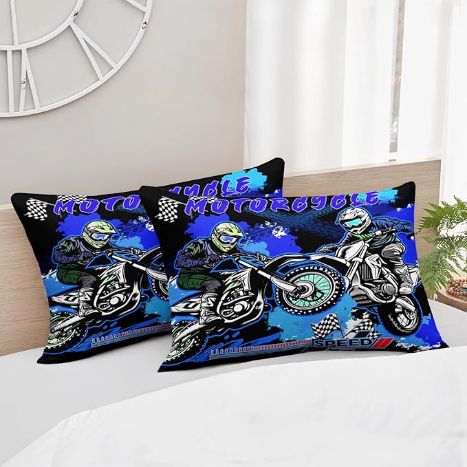AILONEN Extreme Sport Dirt Bike Bedding Set for Kids Boys Men, Full Size Blue Black Motocross Comforter with 2 Pillowcases,3 Pieces