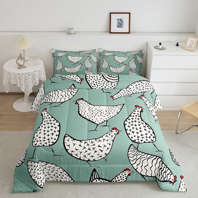 Erosebridal Chicken Bedding Set, Cartoon Chick Comforter Set Queen Size, Cute Farmhouse Animal Down Comforter for Children Young, Teal Black Quilt Set All Season Bedroom Decor