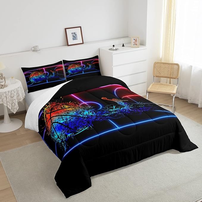 Erosebridal Basketball Comforter Set King 3D Sports Bedding Sets for Boys Teens Kids Men Tie Dye Fire and Ice Comforter Player Sport Game Warm Soft Lightweight Red Blue Quilt Set, Black