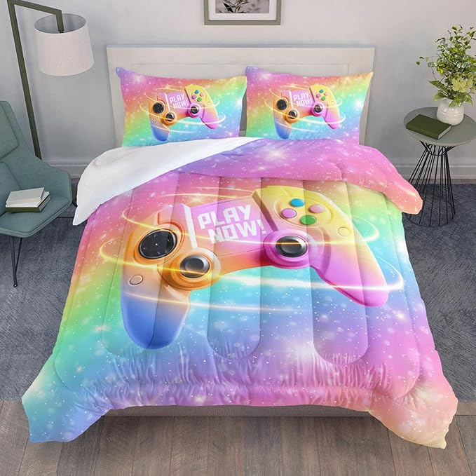 Bedding Comforter Set Rainbow Gamepad Printed Pattern Quilt with 1 and 2 Pillowcases for Girls Bedroom All Season(Rainbow Full) Full 80x90inches