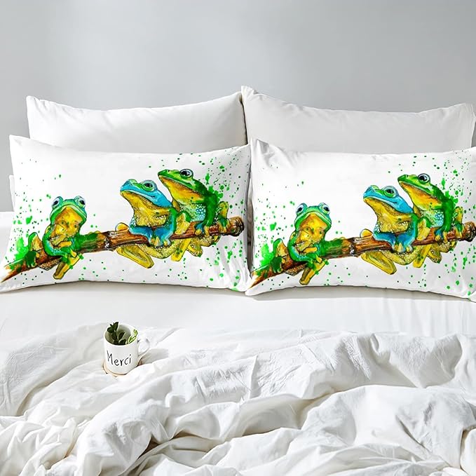 Erosebridal Cartoon Frog Comforter Set Twin Size, Green Tie Dye Down Comforter, Tree Branch Quilted Duvet,Animal Soft Duvet Insert for Kid Adult, White Room Decor Reversible All Season