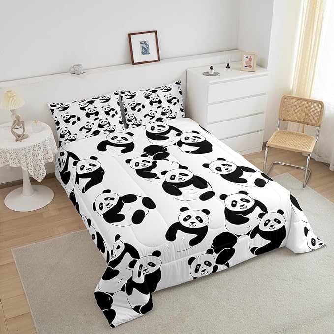 Erosebridal Cartoon Panda Comforter Set, Cute Panda Down Comforter Full, Wildlife Animal Quilted Duvet Insert for Nursery Toddler Kids Boys Girls