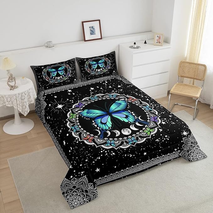 Erosebridal Butterfly Bedding Set Queen Size Galaxy Duvet Set Starry Sky Comforter Sets Boho Colorful Wild Animals Down Comforter for Moth Trippy Moon All Season Mandala Black White Duvet Set