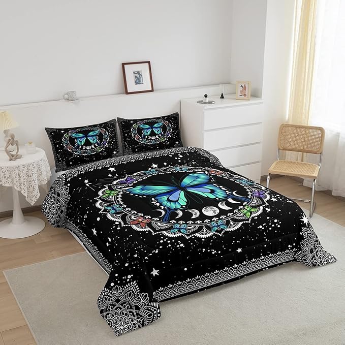Erosebridal Butterfly Bedding Set Queen Size Galaxy Duvet Set Starry Sky Comforter Sets Boho Colorful Wild Animals Down Comforter for Moth Trippy Moon All Season Mandala Black White Duvet Set