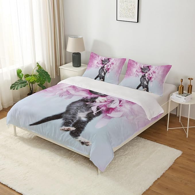 Yasida Cat Comforter Set Queen Size for Kids Pink Feathers Black Cat 3Pcs Bedding Set for Boys and Girls (1Comforter+ 2 Pillowcases) Lovely Animal Pets Comforter Set