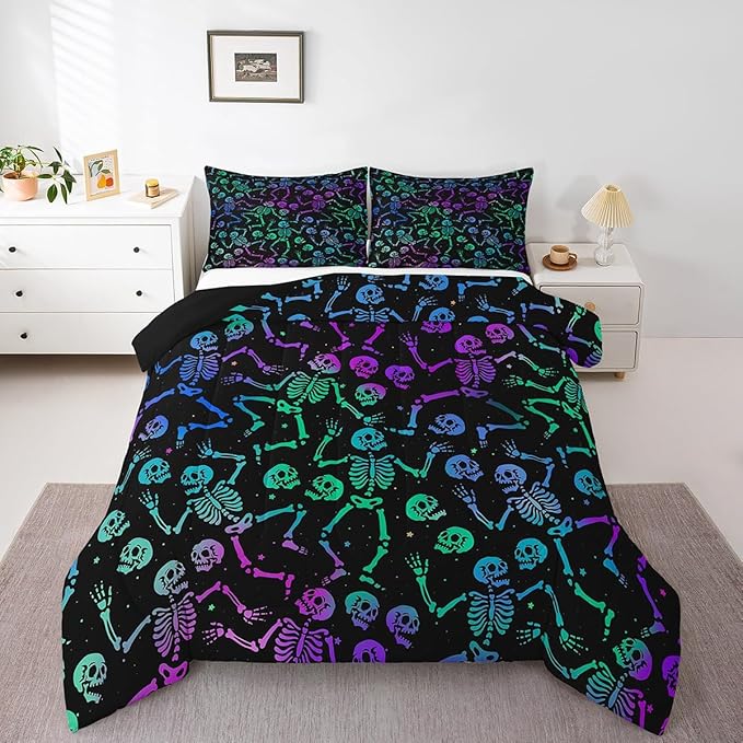 Erosebridal Sugar Skull Comforter Set Halloween Bedding Set Twin Size Green Blue Purple Ombre Down Comforter for Kids Boys Girls Skeleton Bones Quilted Duvet Warm Soft Horror Theme Bedroom Decor 2Pcs