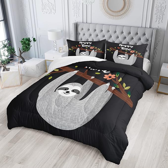 AILONEN Sloth Comforter Set Queen Size, Cartoon Sloth Bedding Set for Kids Girls Boys,Sloth Pattern Printed Duvet,Ultra Soft Sloth Quilt Set,1 Comforter 2 Pillowcases 3 Piece