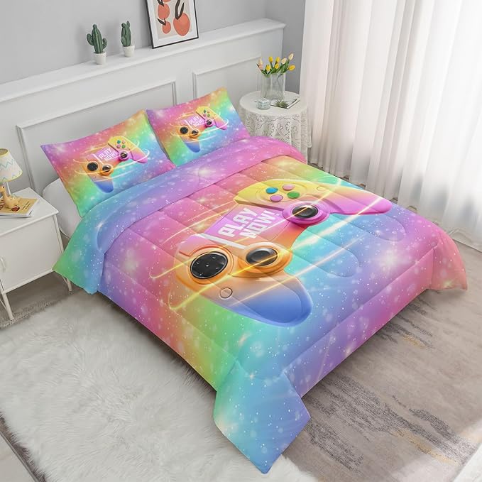 Bedding Comforter Set Rainbow Gamepad Printed Pattern Quilt with 1 and 2 Pillowcases for Girls Bedroom All Season(Rainbow Full) Full 80x90inches