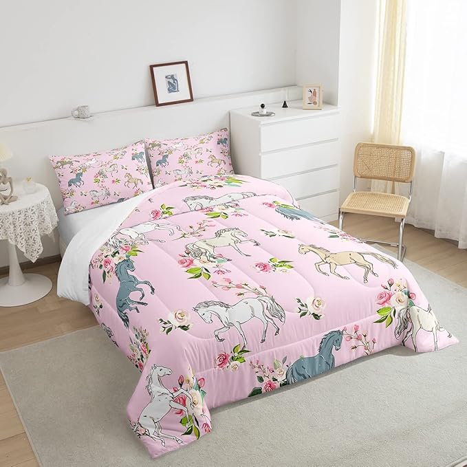 Erosebridal Horse Comforter Set Queen Rose Bedding Set for Girls Boys Kids Teens Western Cowboy Cowgirls Wild Animal Floral Down Comforter Cute Horses Flower Duvet Insert Lightweight, Pink