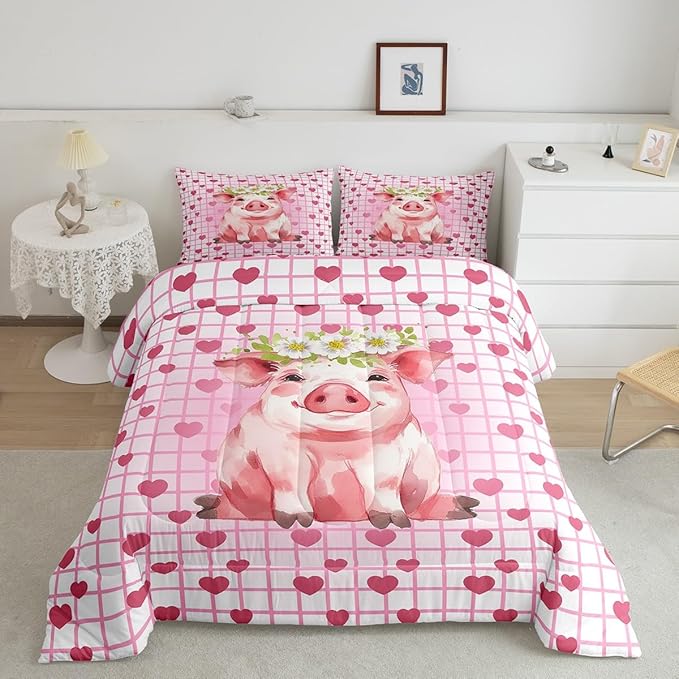 Cute Pig Bedding Set King, Cherry Blossoms Comforter Set For Girls Kids, Cartoon Pet Animal Duvet Set, Pink Grid Heart Pattern Lattice Quilted Duvet, Farmhouse Bedding Comforters, All Season
