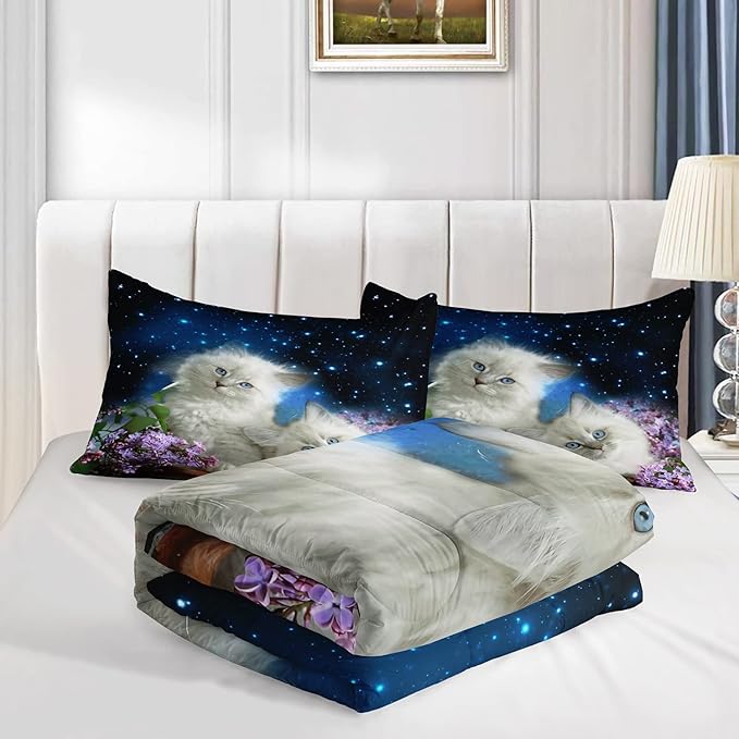 AILONEN Cat Comforter Set for Girls Kids Teens, 3D Printed Cat Bedding Set Twin Size,for Boys Animal Cat Printed Quilted Duvet,Cute Cat Quilt,Easy Care,1 Comforter 2 Pillowcases 3 Piece