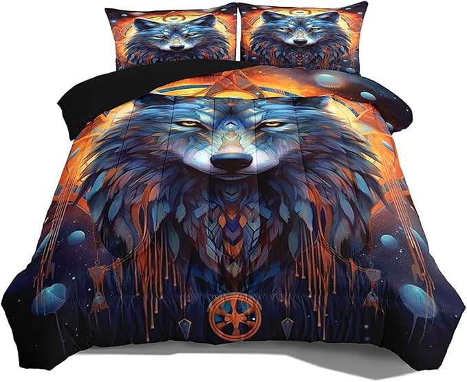 Dream Catcher Wolf Comforter Set Queen Size Galaxy Wolf Bedding Set 3 Pieces with 1 Comforter 2 Pillowcases for Teens Kids Girls Adults Room Decor All Season