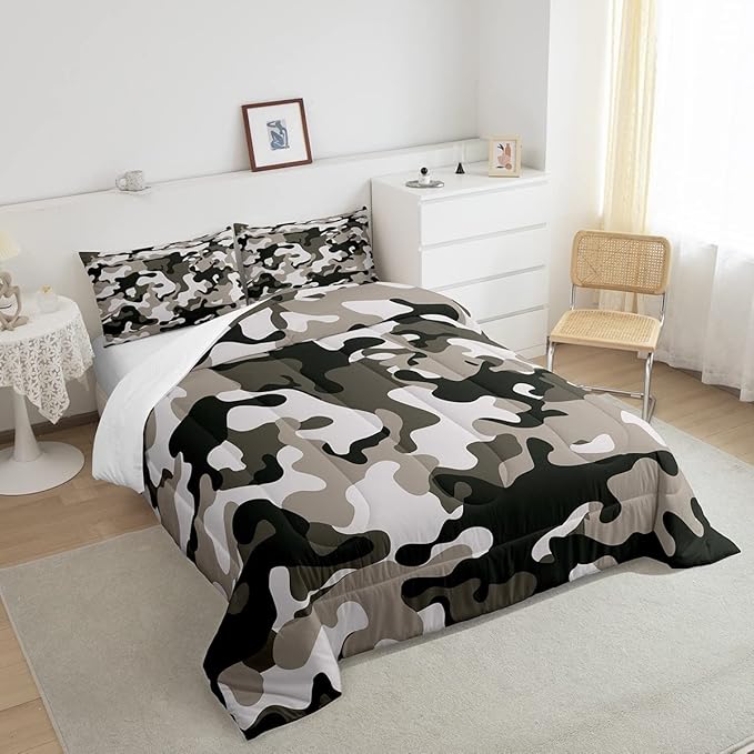 Camouflage Comforter Set Grey Camo Bedding Sets Queen Size Militarily Army Down Comforter for Boys Teens Men Adult Tie Dye Retro Geometric Warm Soft Quilted Duvet 3Pcs Bedroom Decor, All Season