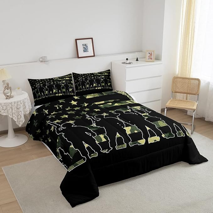 American Flag Comforter Set Queen for Boy Teen ArmyGreen Camouflage Down Comforter Adult Men Soldier Silhouettes Quilted Duvet Military Style Camo Bedding Comforters, 1 Comforter Set + 2 Pillowcases
