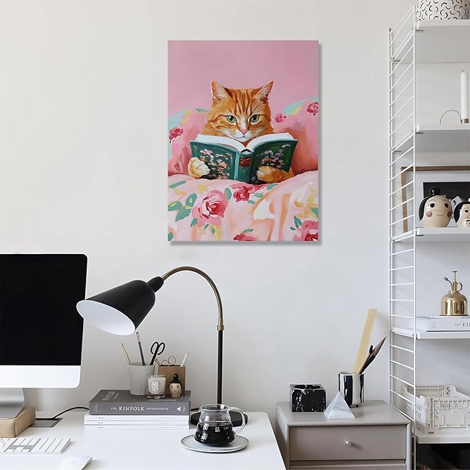 Yaneiro Framed Vintage Cats Canvas Wall Art, Funny Animal Reading Books Poster Printing Pictures, Pink Cute Cat Lovers Wall Decor for Girls Room Bedroom Kids Room Living Room Bathroom 16x24 in