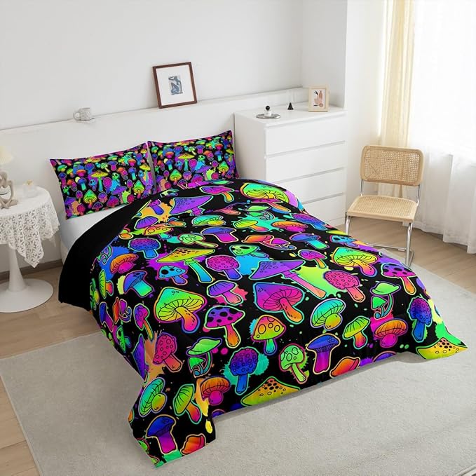Erosebridal Mushroom Comforter Set Full Cute Mushroom Comforter for Kids Girls Boys Cartoon Tie Dye Bedding Sets Teal Purple Neon Ombre Down Comforter Wild Colorful Botanical Quilt Set