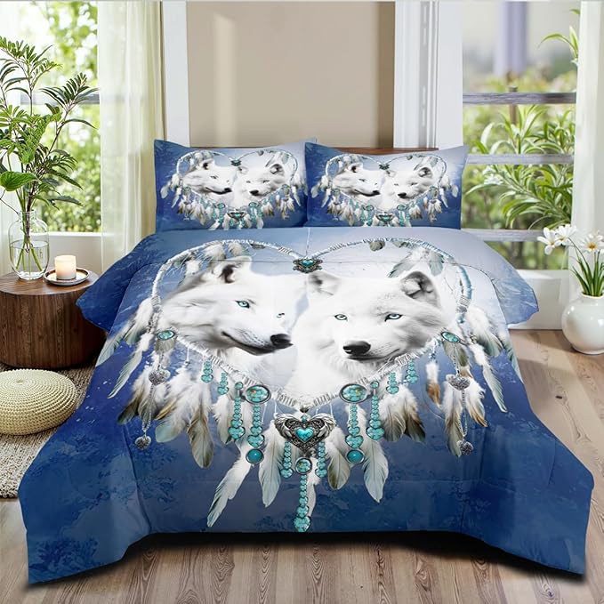 Dream Catcher Wolf Comforter Set Queen White Wolves Comforter Navy Blue Boho Bedding Set Wildlife Animal Bed Set for Adult Women Teen Kids Dreamcatcher Comforter with 2 Pillowcases