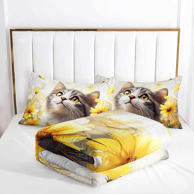 AILONEN Cat Comforter Set Full Size for Kids,Yellow Flower Kitten Comforter Set,Boys Girls Cat Bedding Set,Soft Lightweight,1 Comforter with 2 Pillowcases,3 Pieces