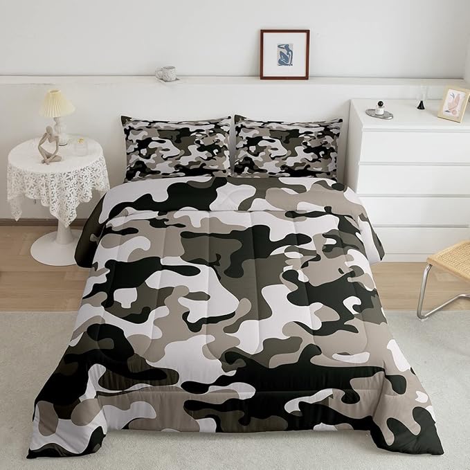 Camouflage Comforter Set Grey Camo Bedding Sets Twin Size Militarily Army Down Comforter for Boys Teens Men Adult Tie Dye Retro Geometric Warm Soft Quilted Duvet 2Pcs Bedroom Decor, All Season