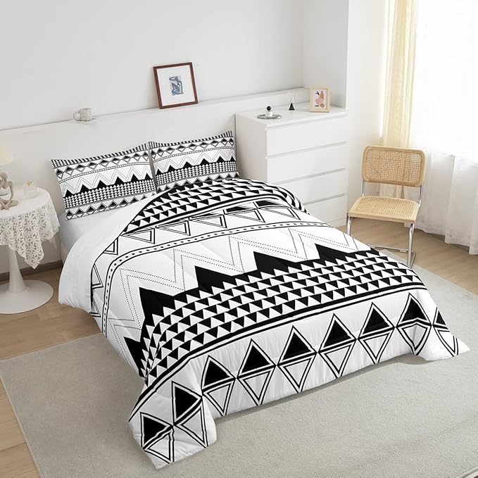 Boho Aztec Comforter Set Queen Size Black And White Bedding Set Morden Geometric Triangle Lattice Down Comforter Minimalism Room Decor Warm Soft 3 Pieces Quilted Duvet For Kids Boys Girls Teens