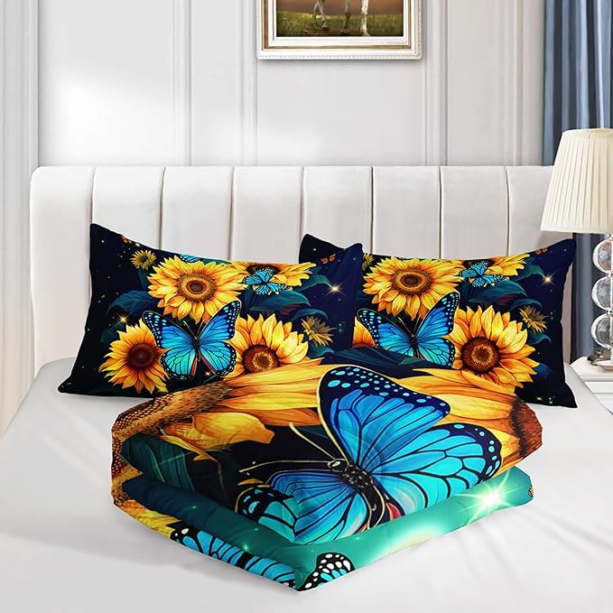 Yellow Sunflower Bedding Blue Butterfly Comforter 3Pcs Full Black Floral Botanical Pattern Quilt Set for Kid Teen Girl Boy Romantic Starlight Bed Decor Set with 1 Comforter and 2 Pillowcases