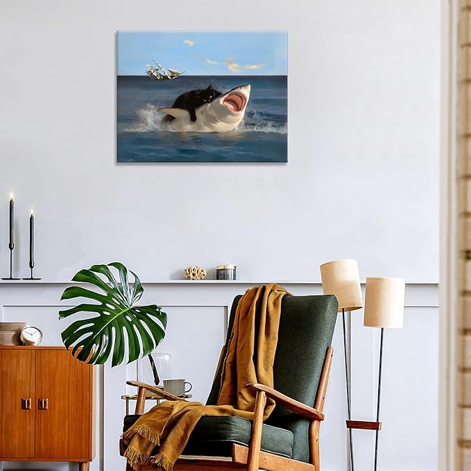 Yaneiro Framed Black Cat Wall Art, Funny Quirky Cat and Shark Pictures Canvas Print, Abstract Black Cat Shark Posters Wall Decor for Room Bedroom Living Room Bathroom 12x16in