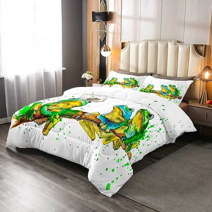 Erosebridal Cartoon Frog Comforter Set Twin Size, Green Tie Dye Down Comforter, Tree Branch Quilted Duvet,Animal Soft Duvet Insert for Kid Adult, White Room Decor Reversible All Season
