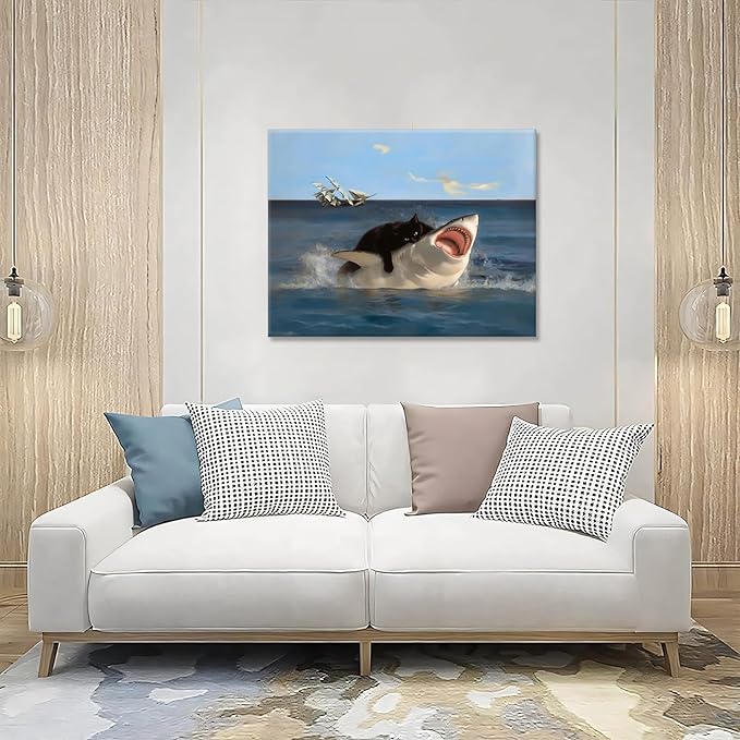 Yaneiro Framed Black Cat Wall Art, Funny Quirky Cat and Shark Pictures Canvas Print, Abstract Black Cat Shark Posters Wall Decor for Room Bedroom Living Room Bathroom 12x16in
