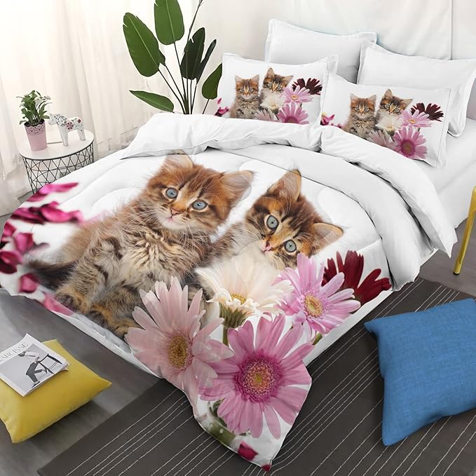 Yasida Cat Comforter Set Queen Size for Kids Pink Flowers Cats 3Pcs Bedding Set for Boys and Girls (1 Comforter+ 2 Pillowcases) Lovely Animal Pets Duvet Set