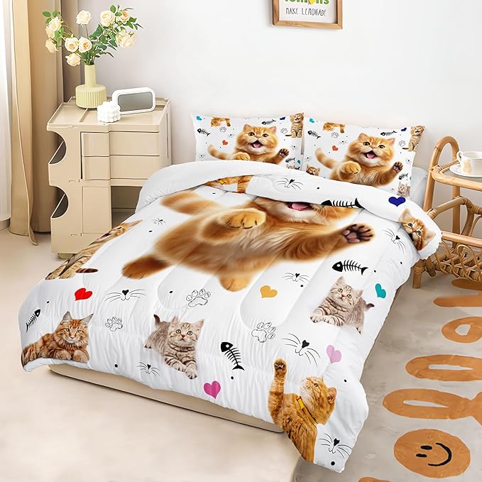 AILONEN Kids Kitten Cat Comforter Set Queen Size,Kawaii Cat Bedding for Girls,Cute Pet Animal Cat Duvet Set 3 Piece,1 Comforter with 2 Pillowcases,Cartoon