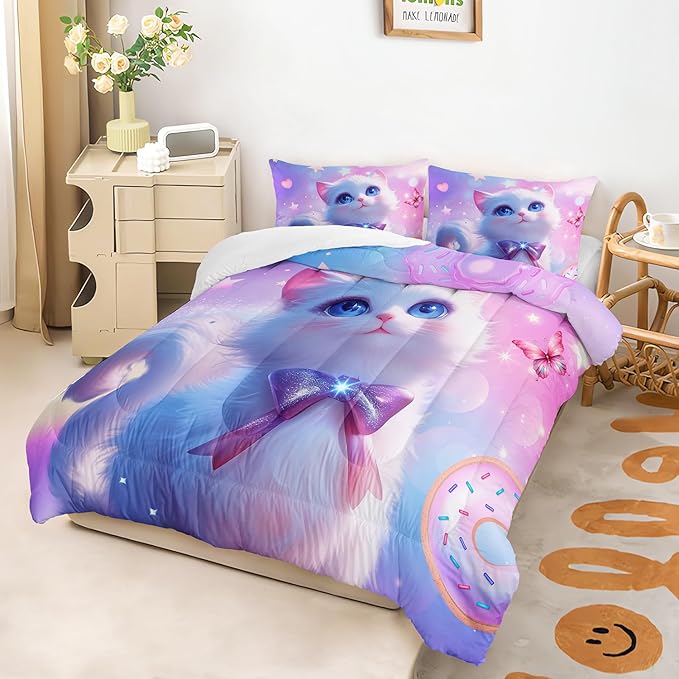 AILONEN Kids Cat Comforter Set Full Size,Kawaii Kitten Comforter for Girls,Colorful Rainbow Cat Bedding Set 3 Pieces,1 Comforter with 2 Pillowcases